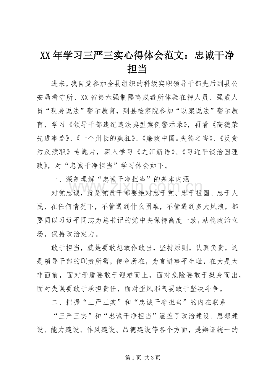 XX年学习三严三实心得体会范文：忠诚干净担当.docx_第1页