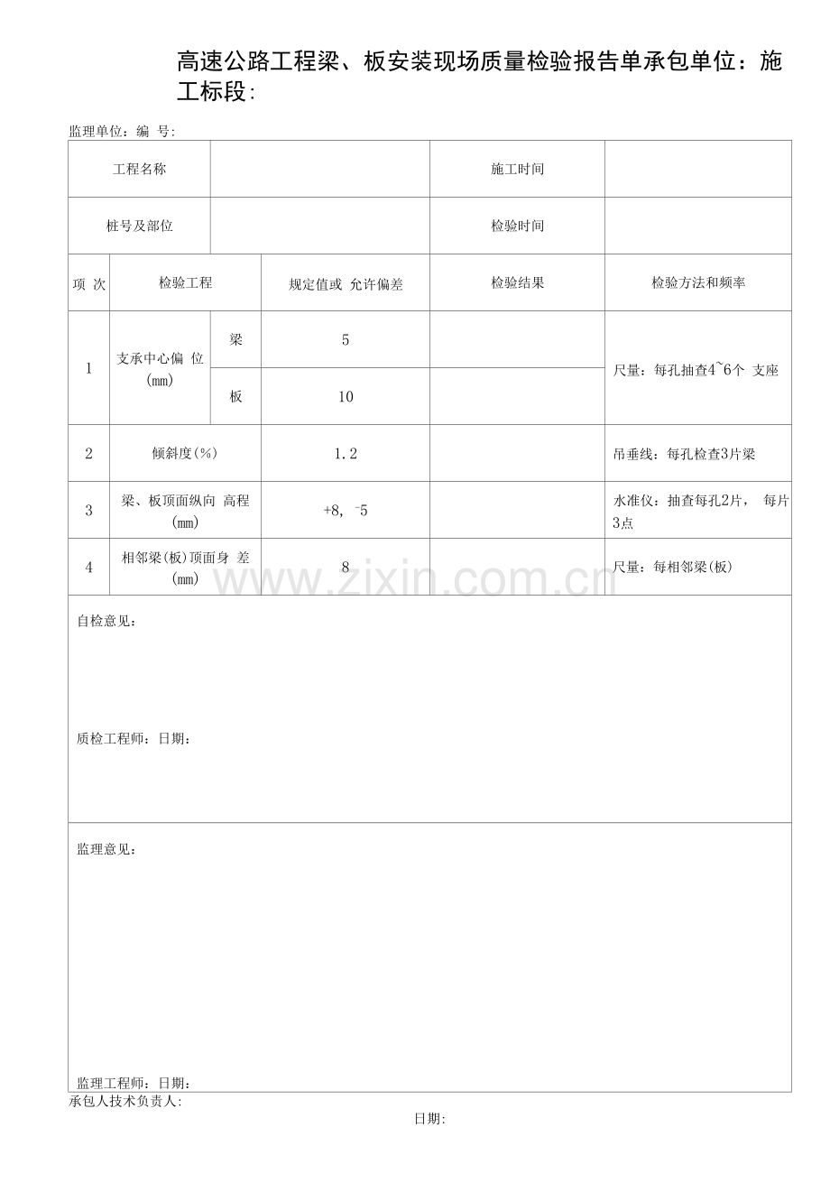 高速公路工程梁、板安装现场质量检验报告单.docx_第1页