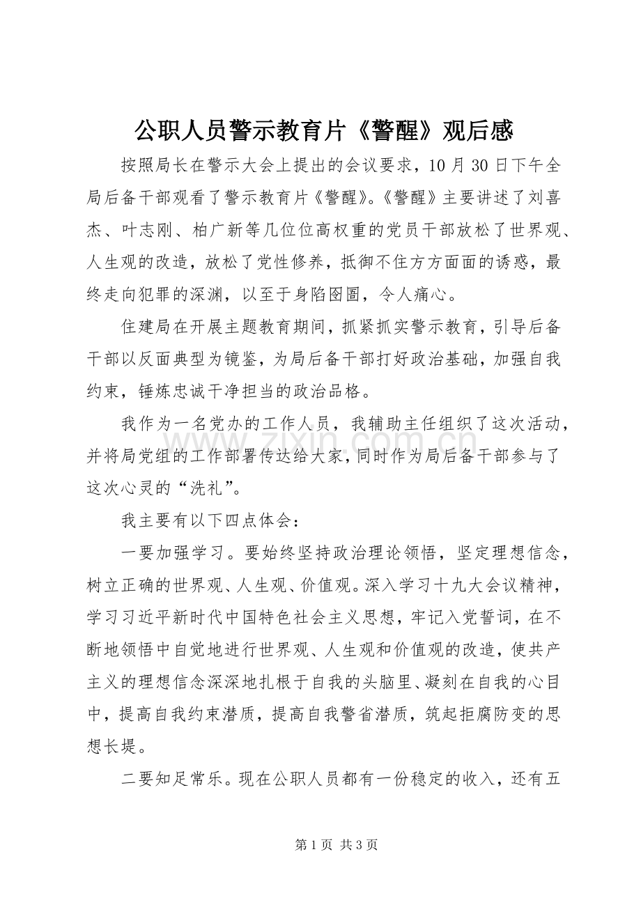 公职人员警示教育片《警醒》观后感.docx_第1页