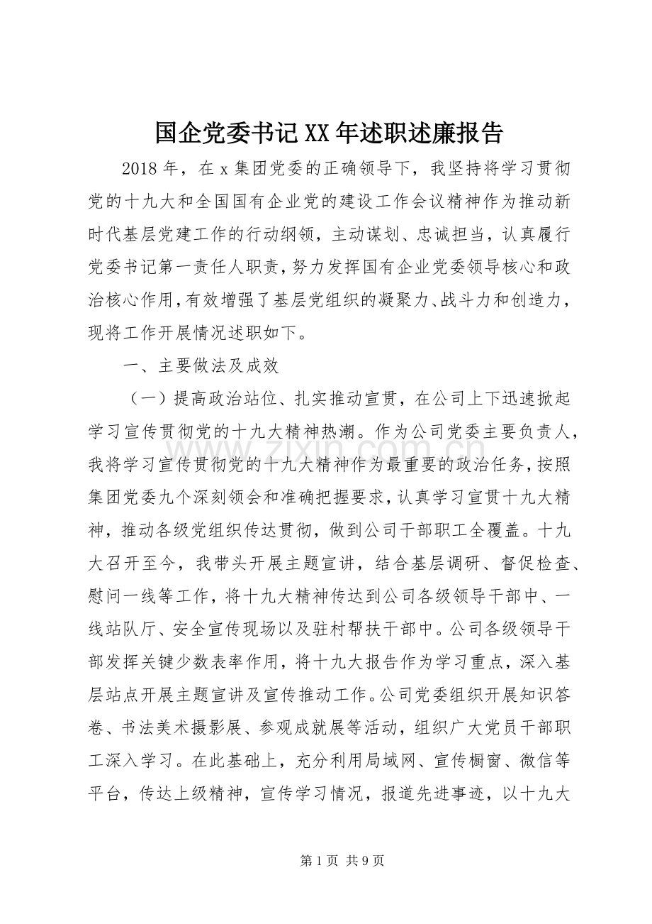 国企党委书记XX年述职述廉报告.docx_第1页