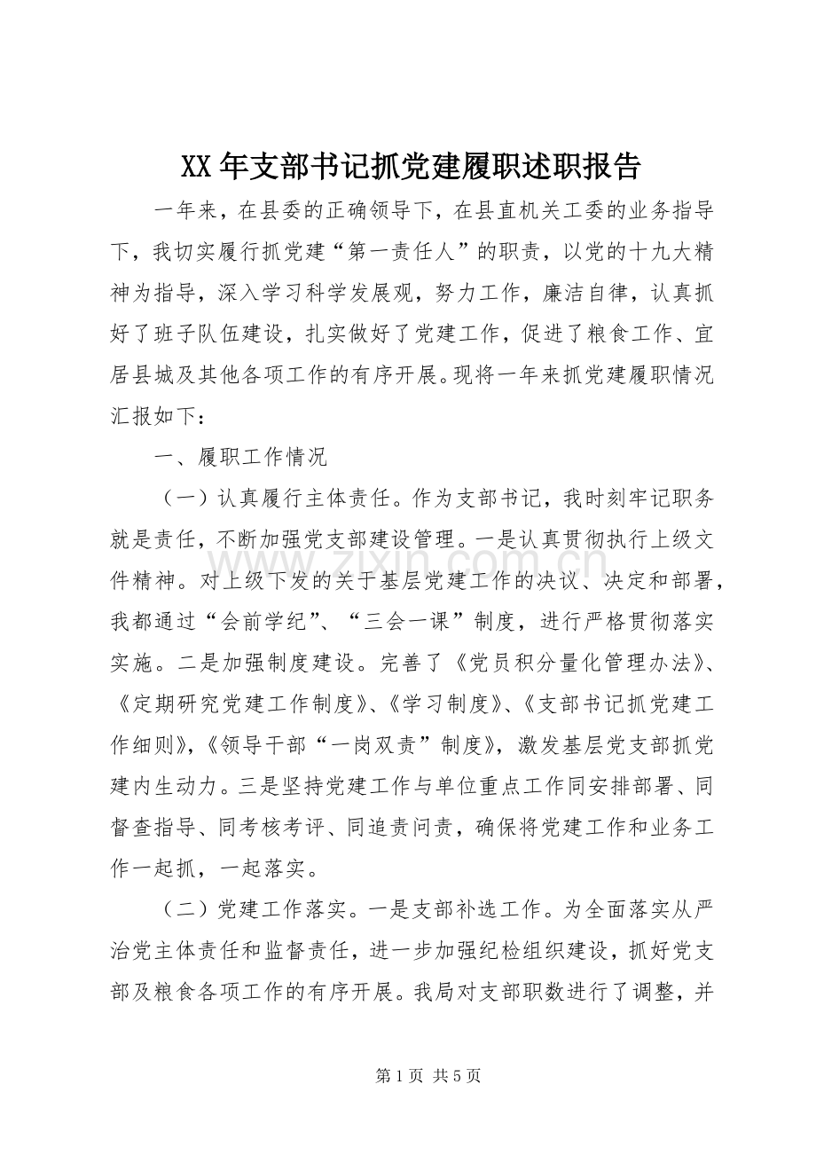 XX年支部书记抓党建履职述职报告.docx_第1页