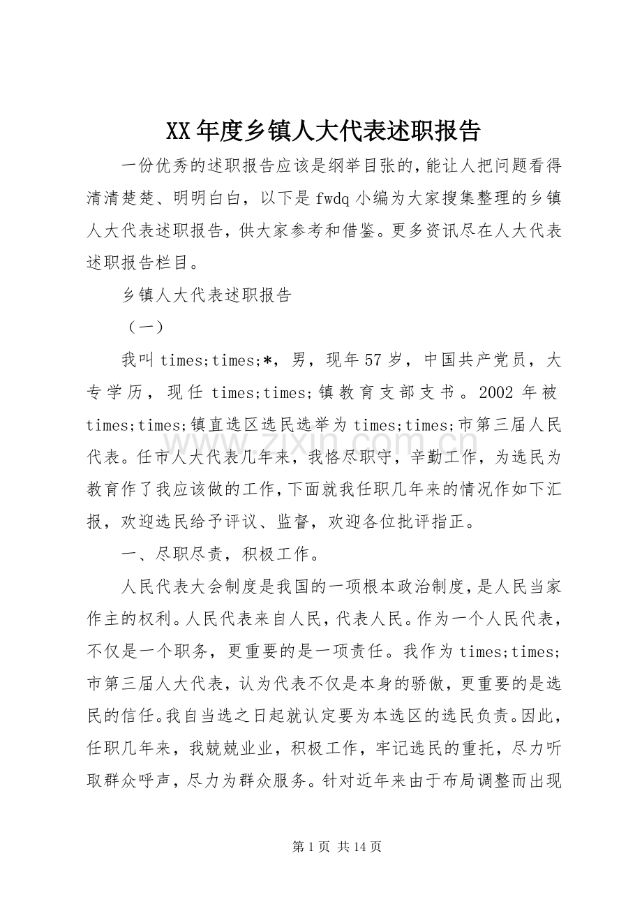 XX年度乡镇人大代表述职报告.docx_第1页