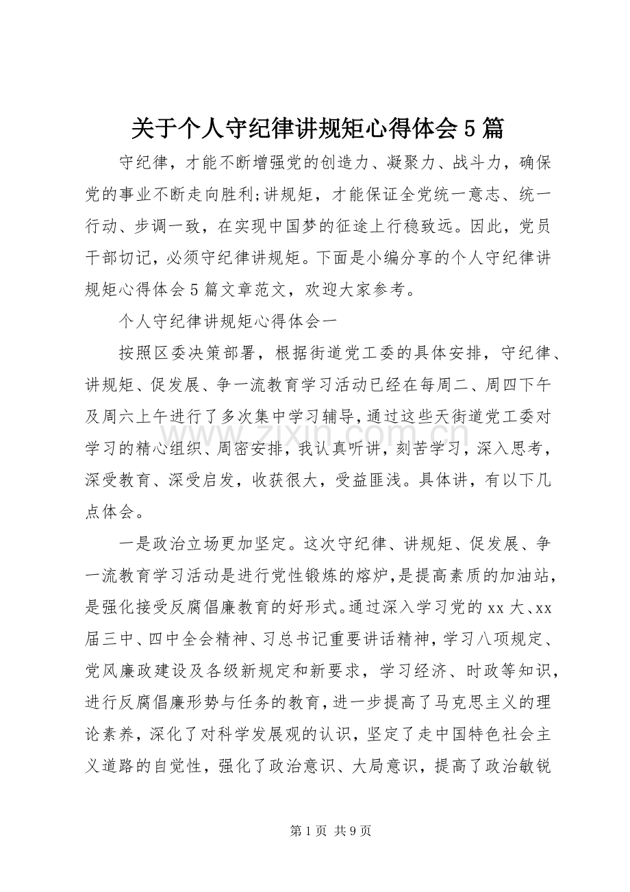 关于个人守纪律讲规矩心得体会5篇.docx_第1页