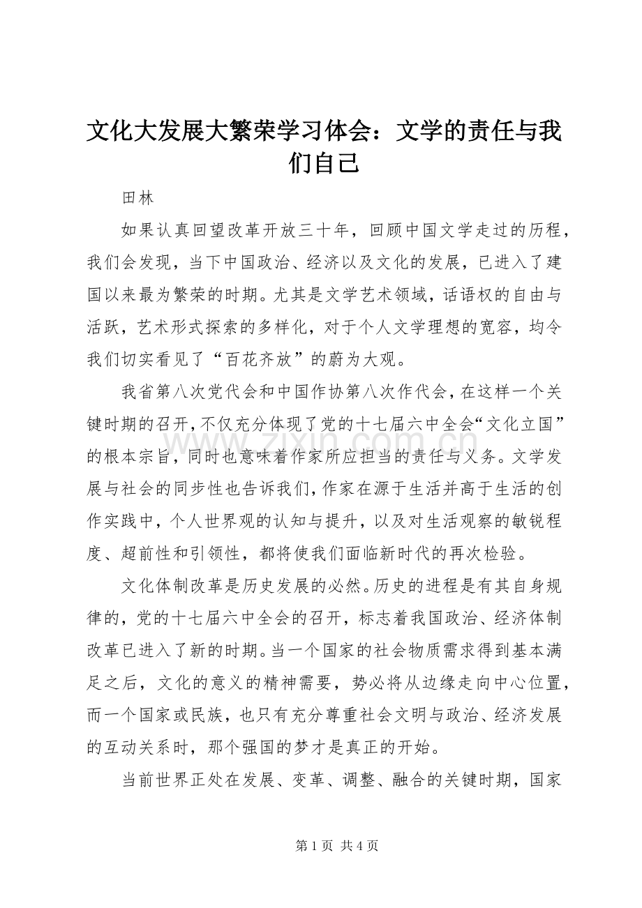 文化大发展大繁荣学习体会：文学的责任与我们自己.docx_第1页