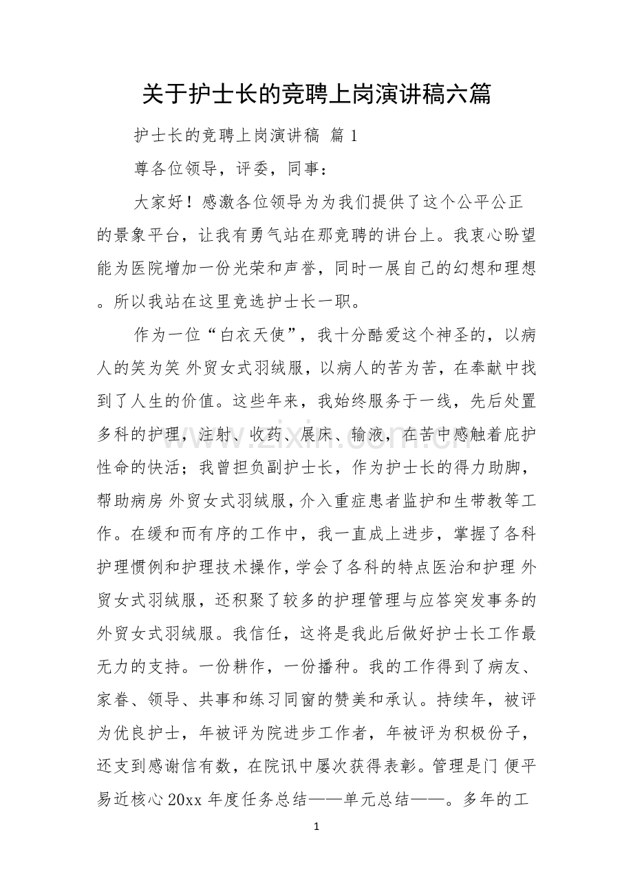 关于护士长的竞聘上岗演讲稿六篇.docx_第1页