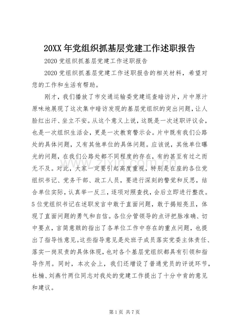 20XX年党组织抓基层党建工作述职报告.docx_第1页