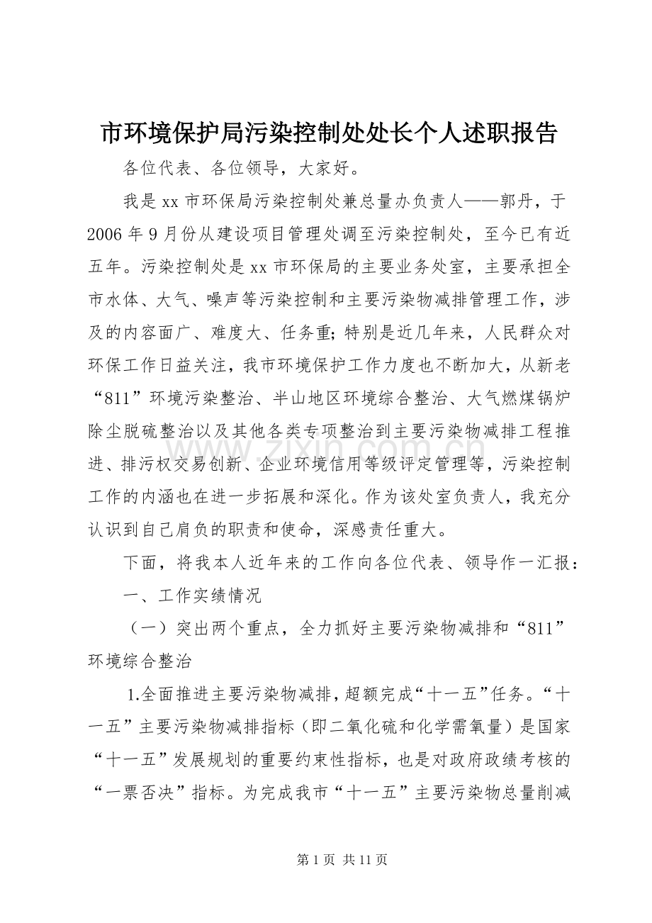 市环境保护局污染控制处处长个人述职报告.docx_第1页