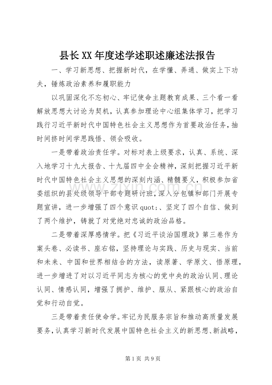 县长XX年度述学述职述廉述法报告.docx_第1页