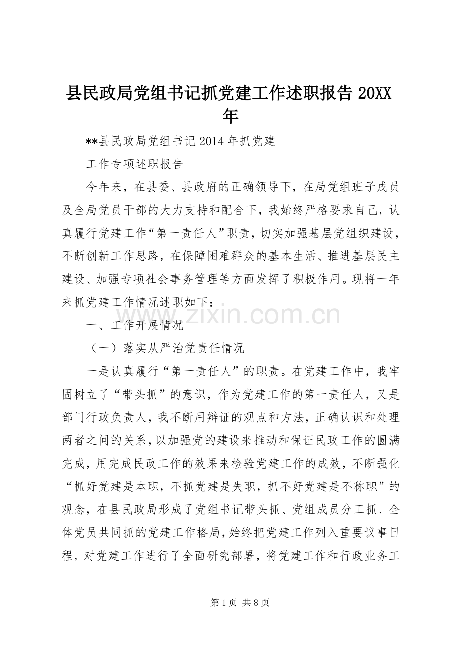 县民政局党组书记抓党建工作述职报告20XX年.docx_第1页