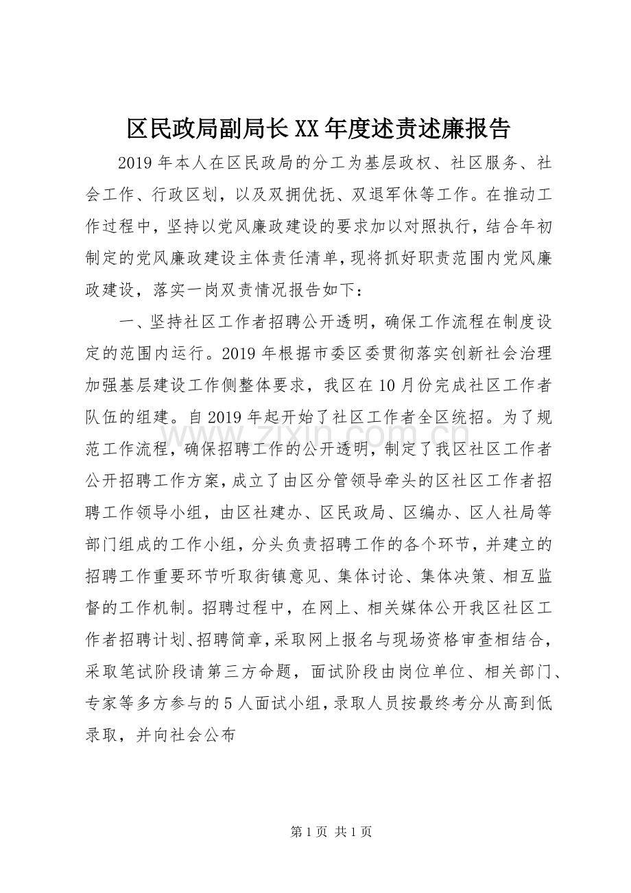 区民政局副局长XX年度述责述廉报告.docx_第1页