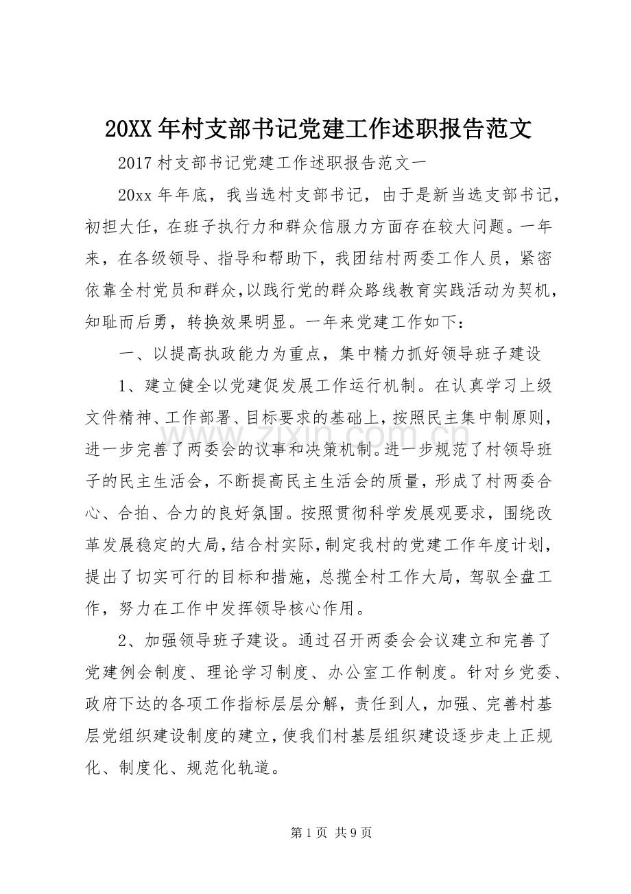 20XX年村支部书记党建工作述职报告范文.docx_第1页