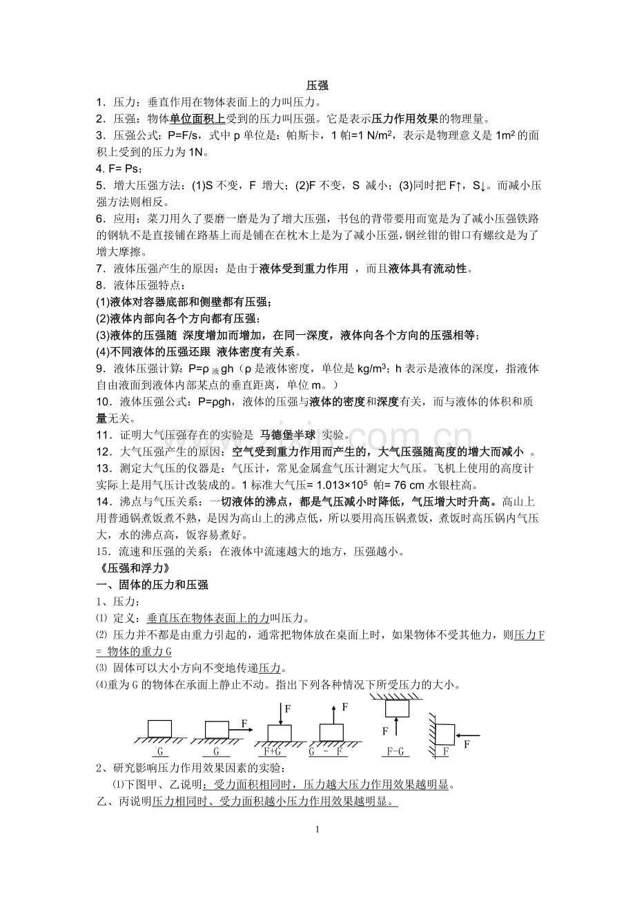 初中物理压强、浮力知识点归纳.doc_第1页