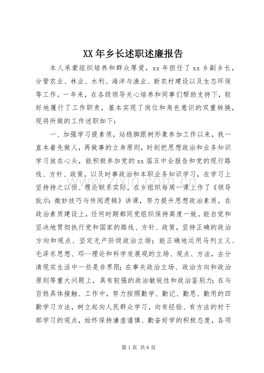 XX年乡长述职述廉报告.docx_第1页