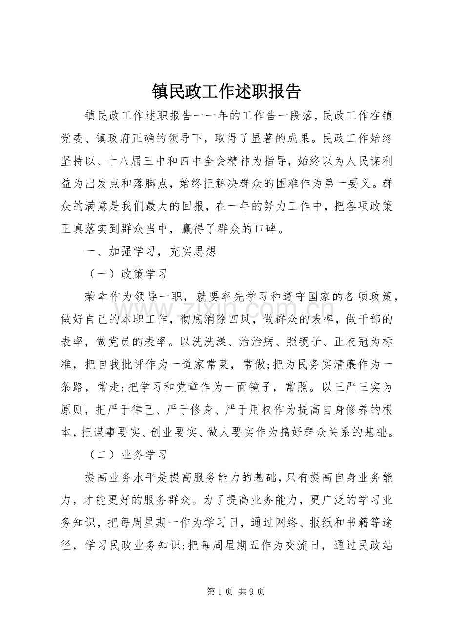 镇民政工作述职报告.docx_第1页