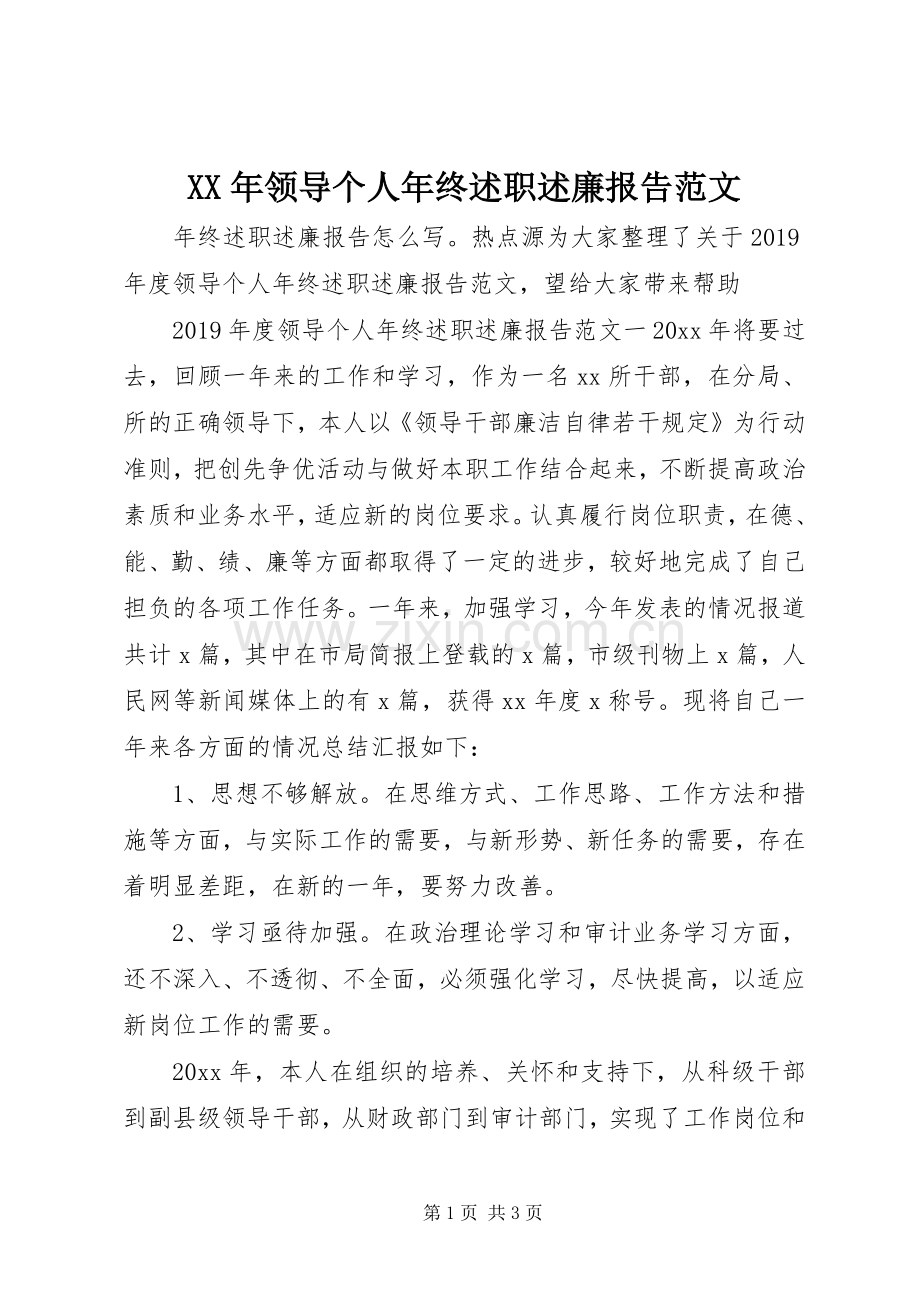 XX年领导个人年终述职述廉报告范文.docx_第1页