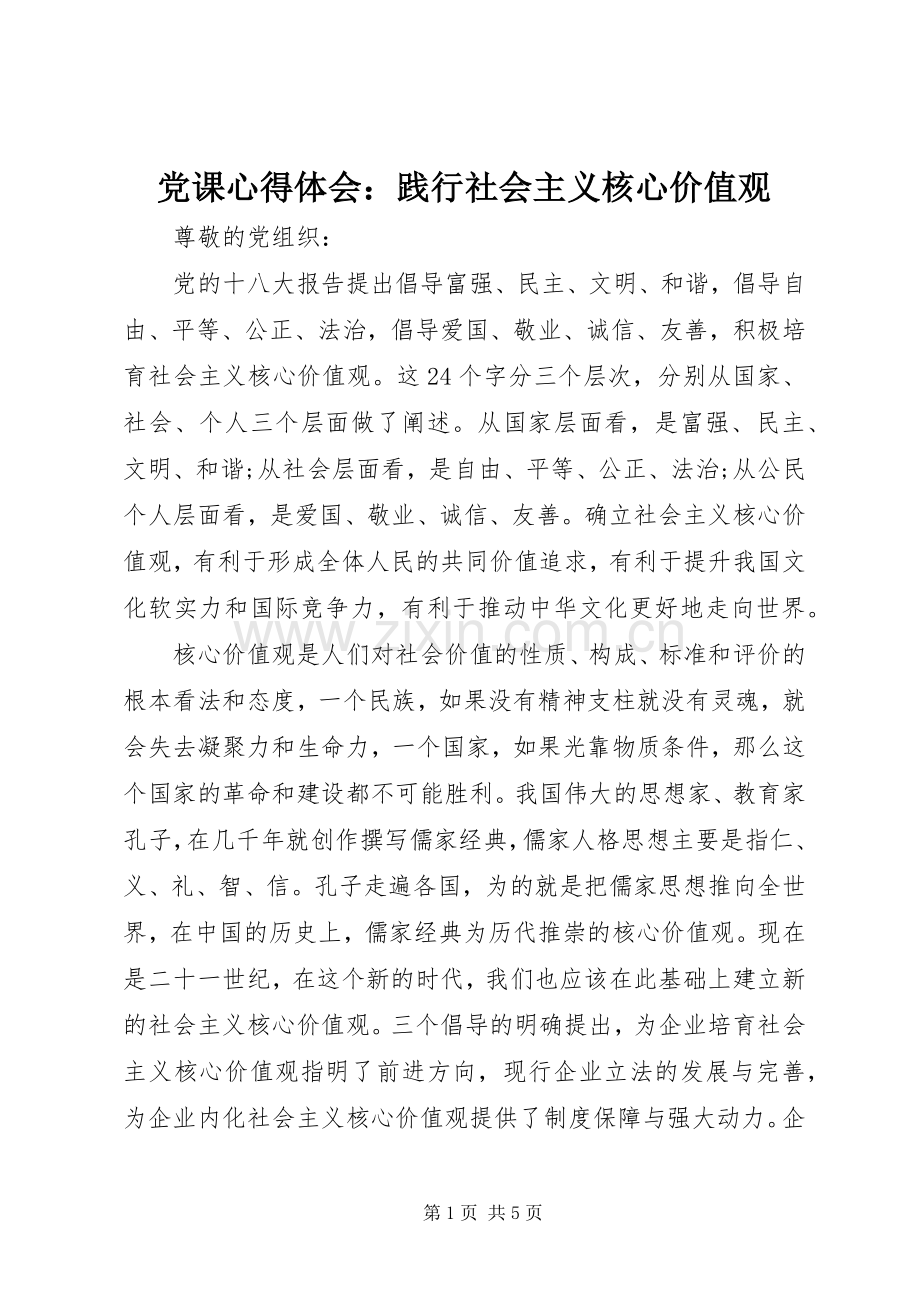 党课心得体会：践行社会主义核心价值观.docx_第1页