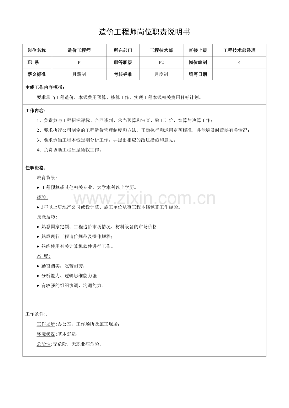 造价工程师岗位职责说明书.docx_第1页