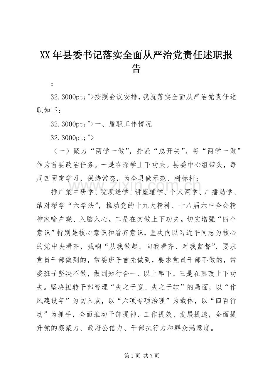 XX年县委书记落实全面从严治党责任述职报告.docx_第1页