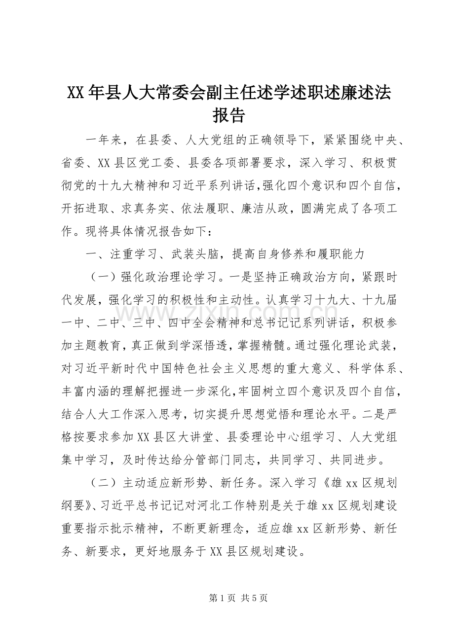 XX年县人大常委会副主任述学述职述廉述法报告.docx_第1页