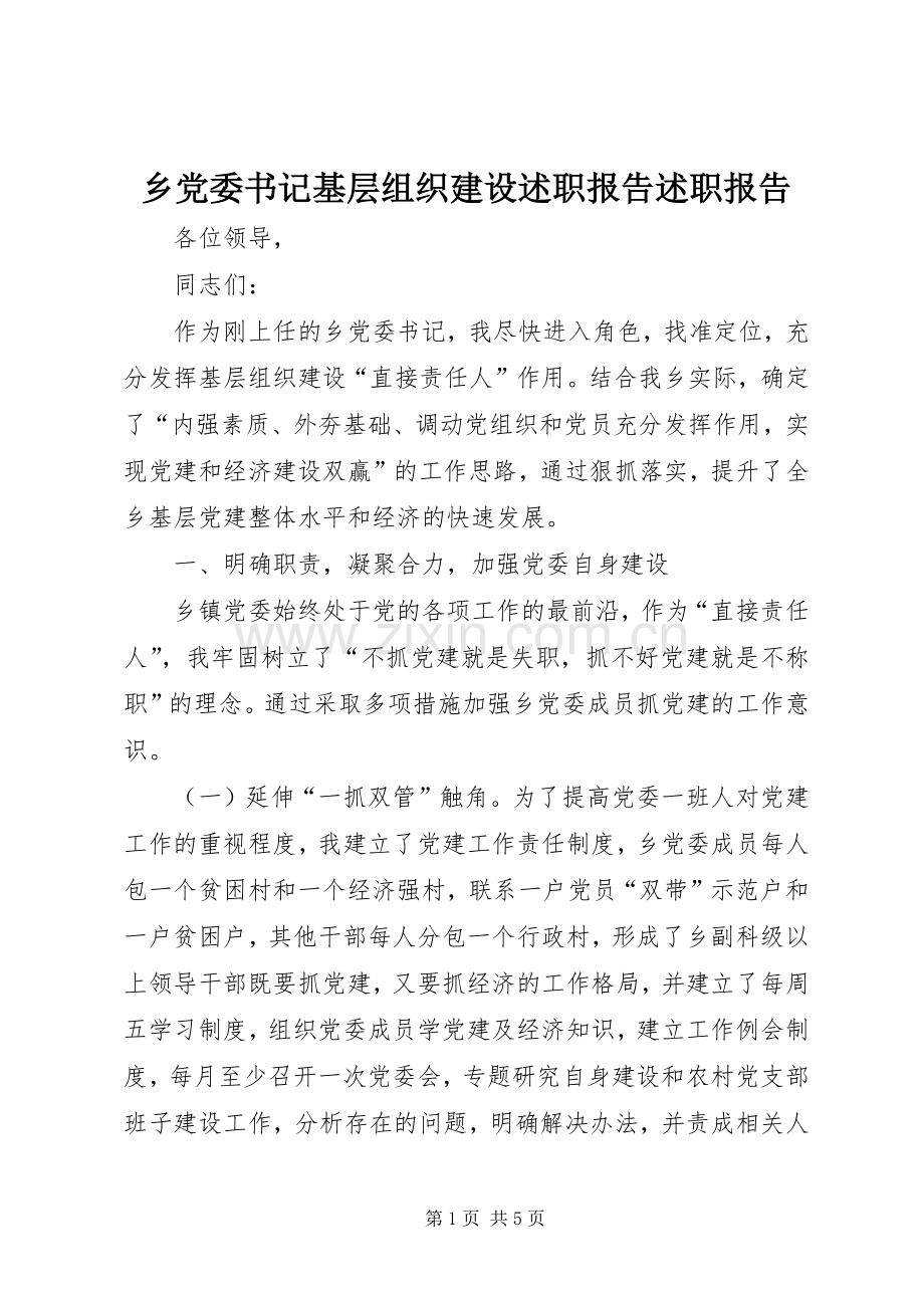 乡党委书记基层组织建设述职报告述职报告.docx_第1页