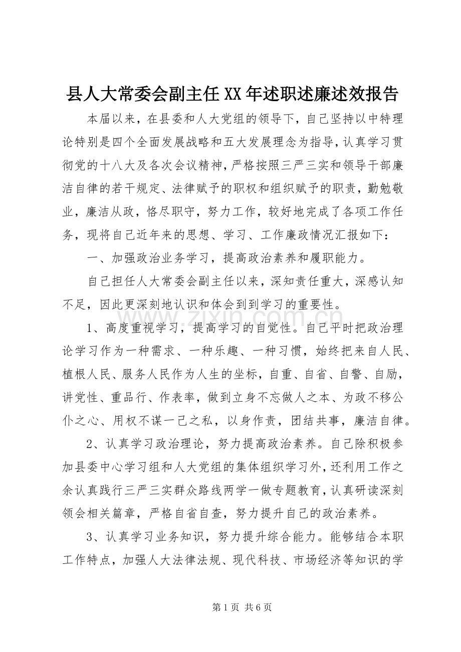 县人大常委会副主任XX年述职述廉述效报告.docx_第1页