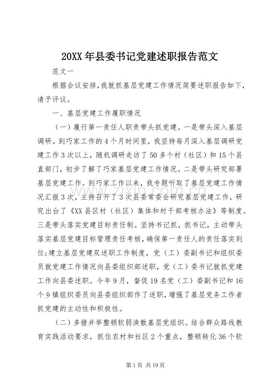 20XX年县委书记党建述职报告范文.docx_第1页