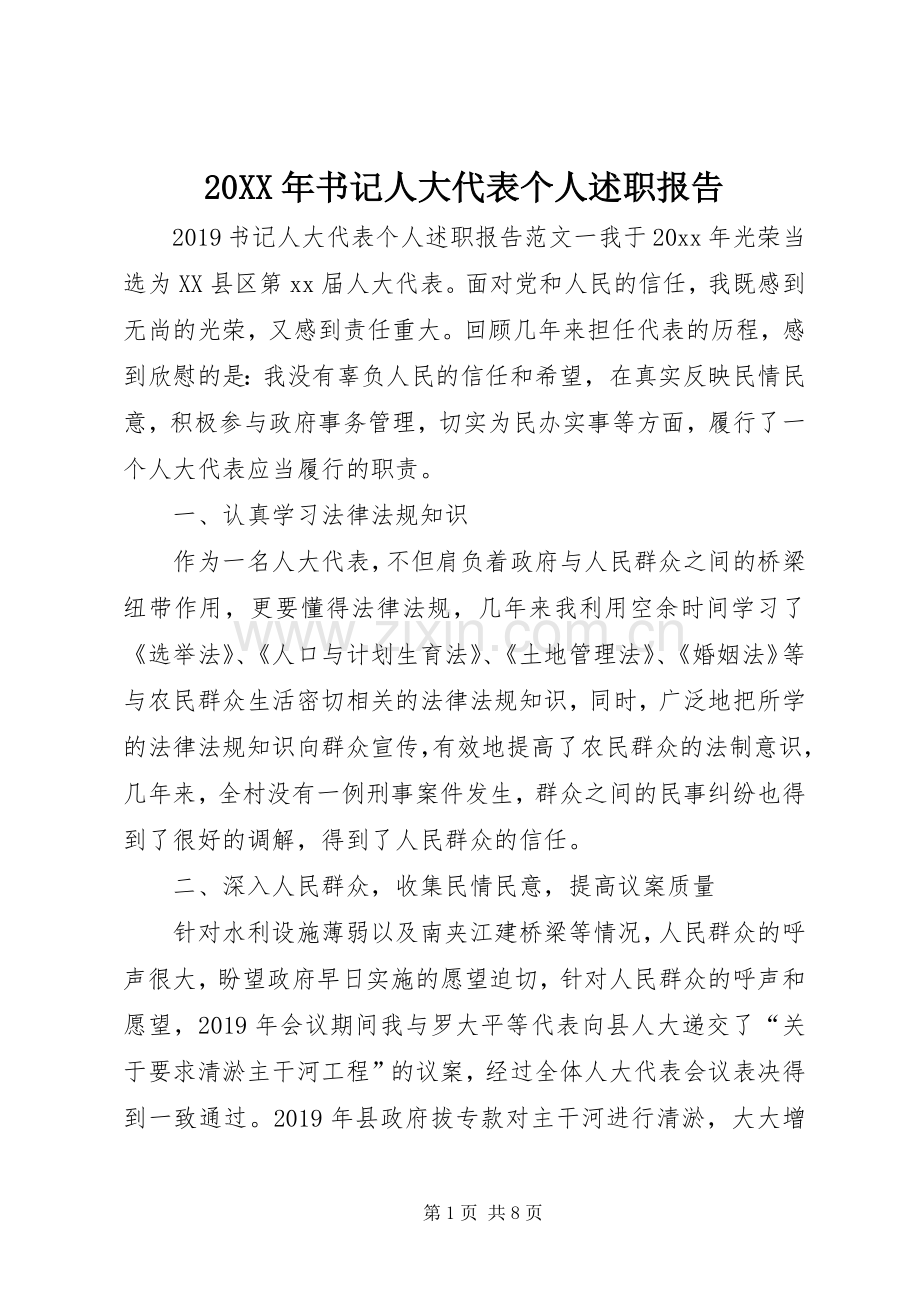 20XX年书记人大代表个人述职报告.docx_第1页