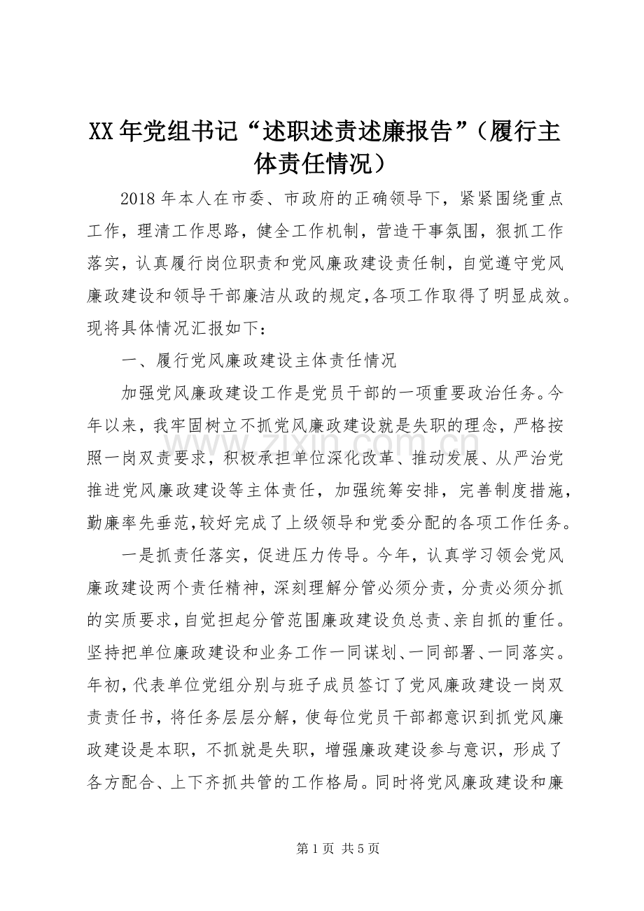 XX年党组书记“述职述责述廉报告”（履行主体责任情况）.docx_第1页