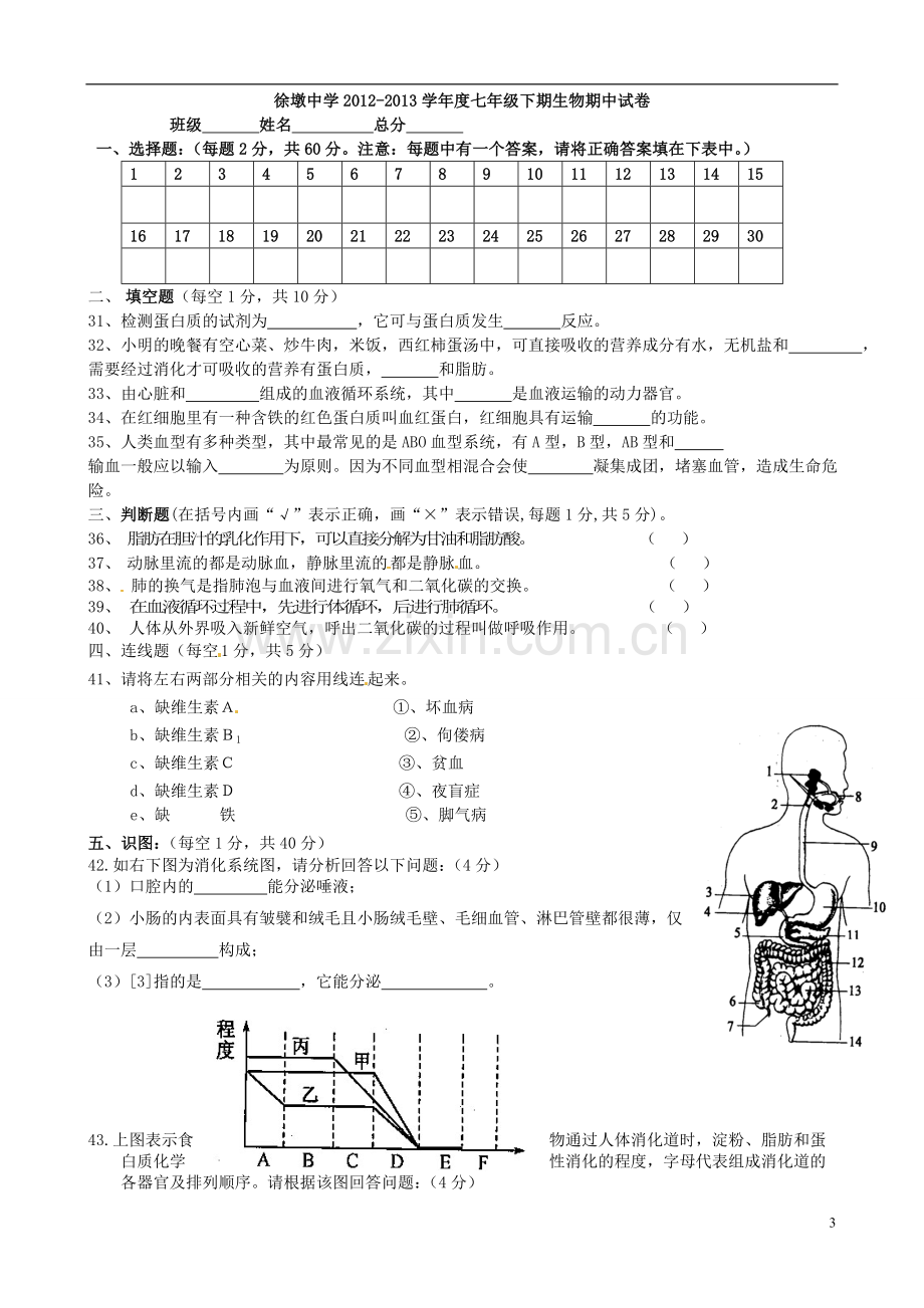 福建省建瓯市徐墩中学2012-2013学年七年级生物下学期期中试题(无答案).doc_第3页