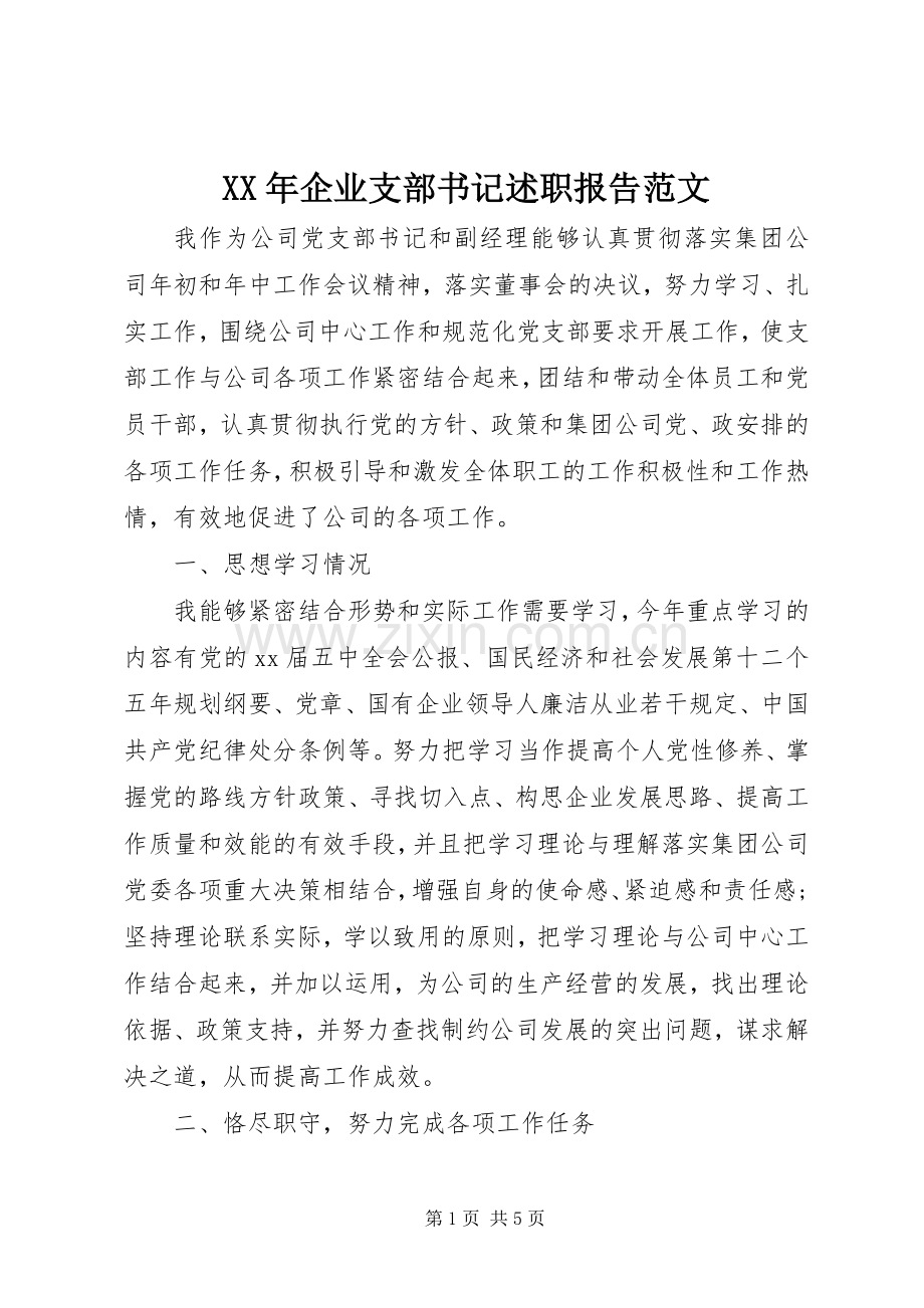 XX年企业支部书记述职报告范文.docx_第1页