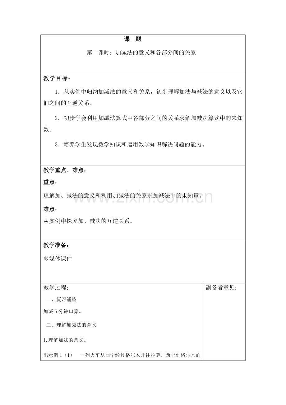 人教小学数学四年级加减法的意义和各部分之间的关系.docx_第1页