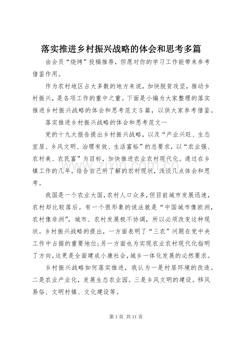 落实推进乡村振兴战略的体会和思考多篇.docx_第1页