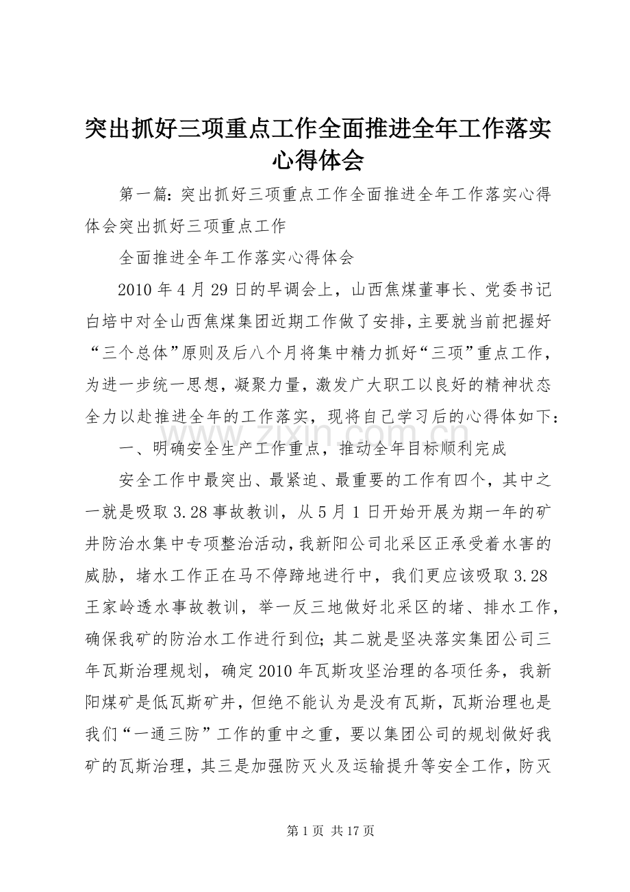 突出抓好三项重点工作全面推进全年工作落实心得体会.docx_第1页