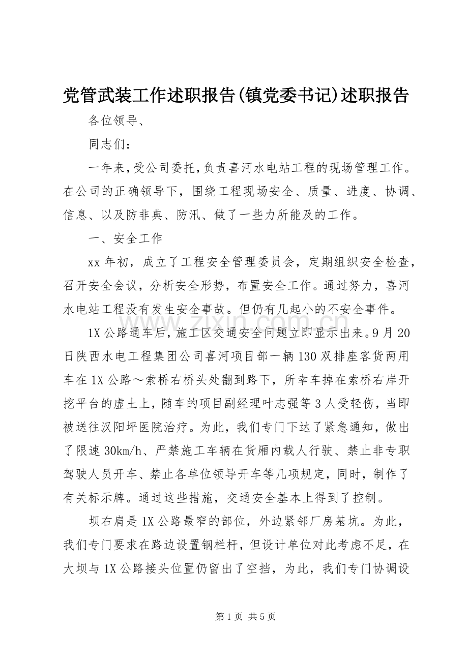 党管武装工作述职报告(镇党委书记)述职报告.docx_第1页