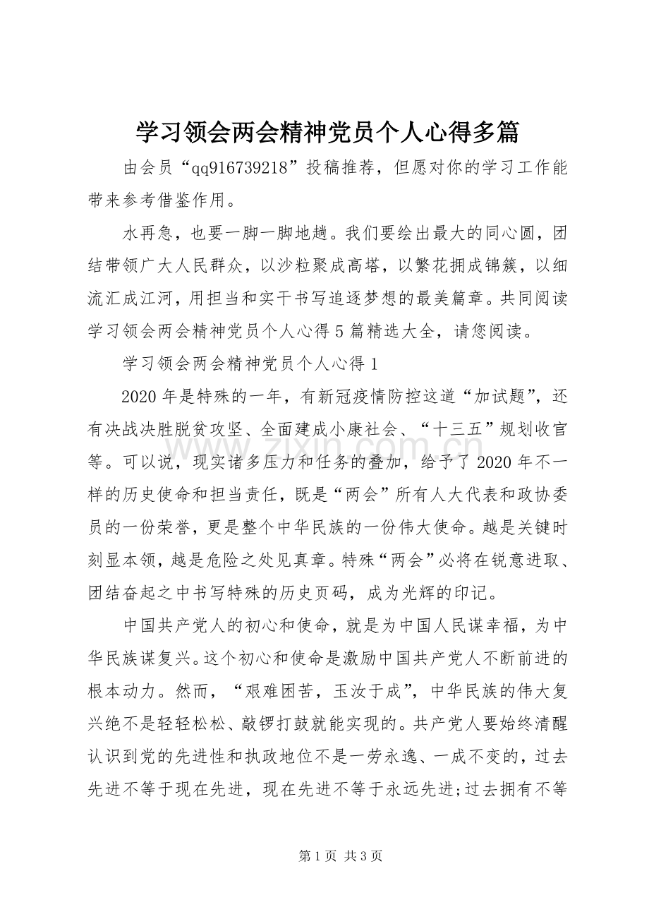 学习领会两会精神党员个人心得多篇.docx_第1页