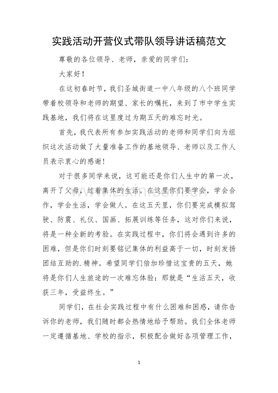 实践活动开营仪式带队领导讲话稿范文.docx_第1页