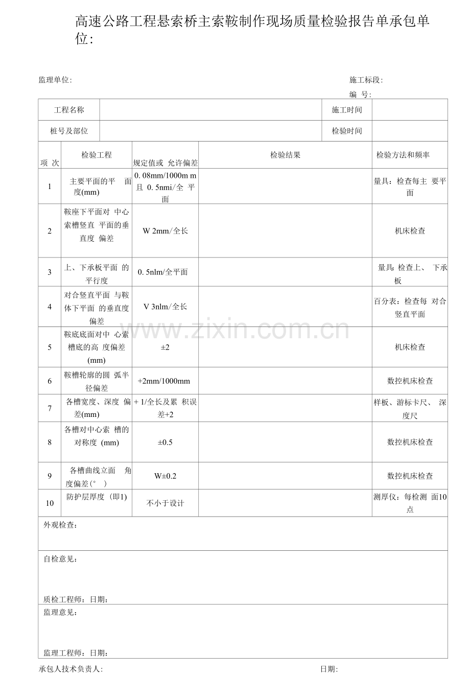 高速公路工程悬索桥主索鞍制作现场质量检验报告单.docx_第1页