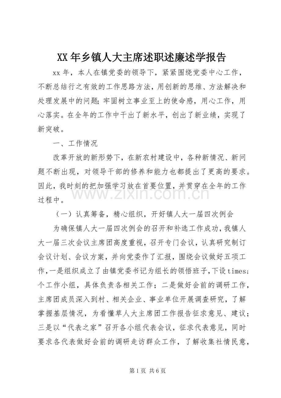 XX年乡镇人大主席述职述廉述学报告.docx_第1页