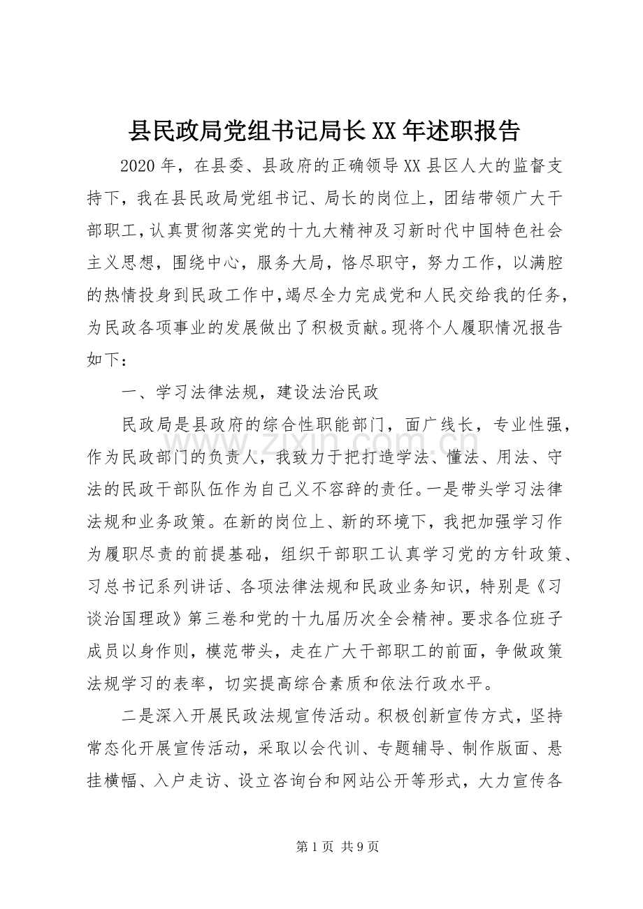 县民政局党组书记局长XX年述职报告.docx_第1页