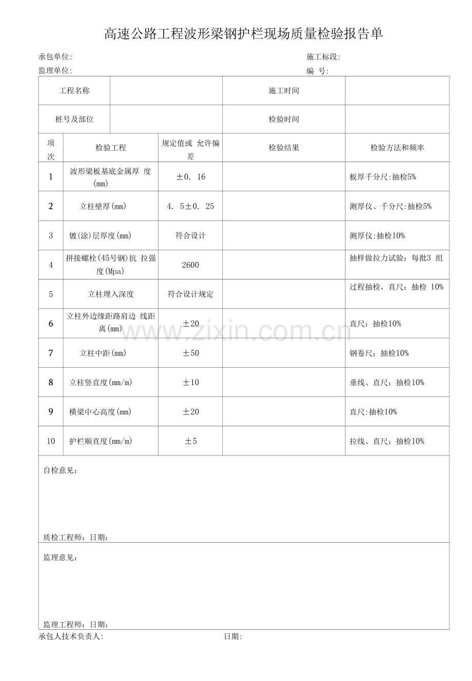 高速公路工程波形梁钢护栏现场质量检验报告单.docx_第1页