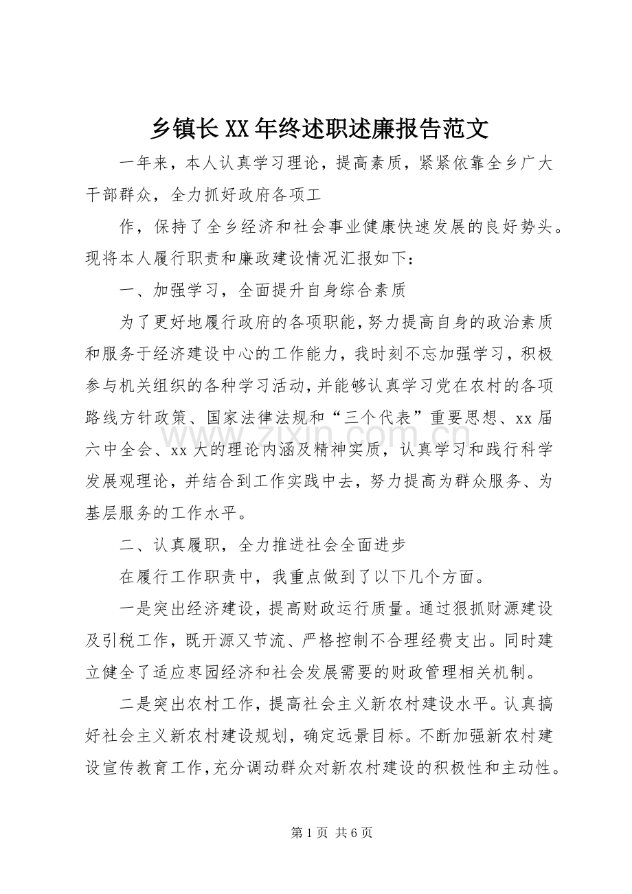 乡镇长XX年终述职述廉报告范文.docx_第1页