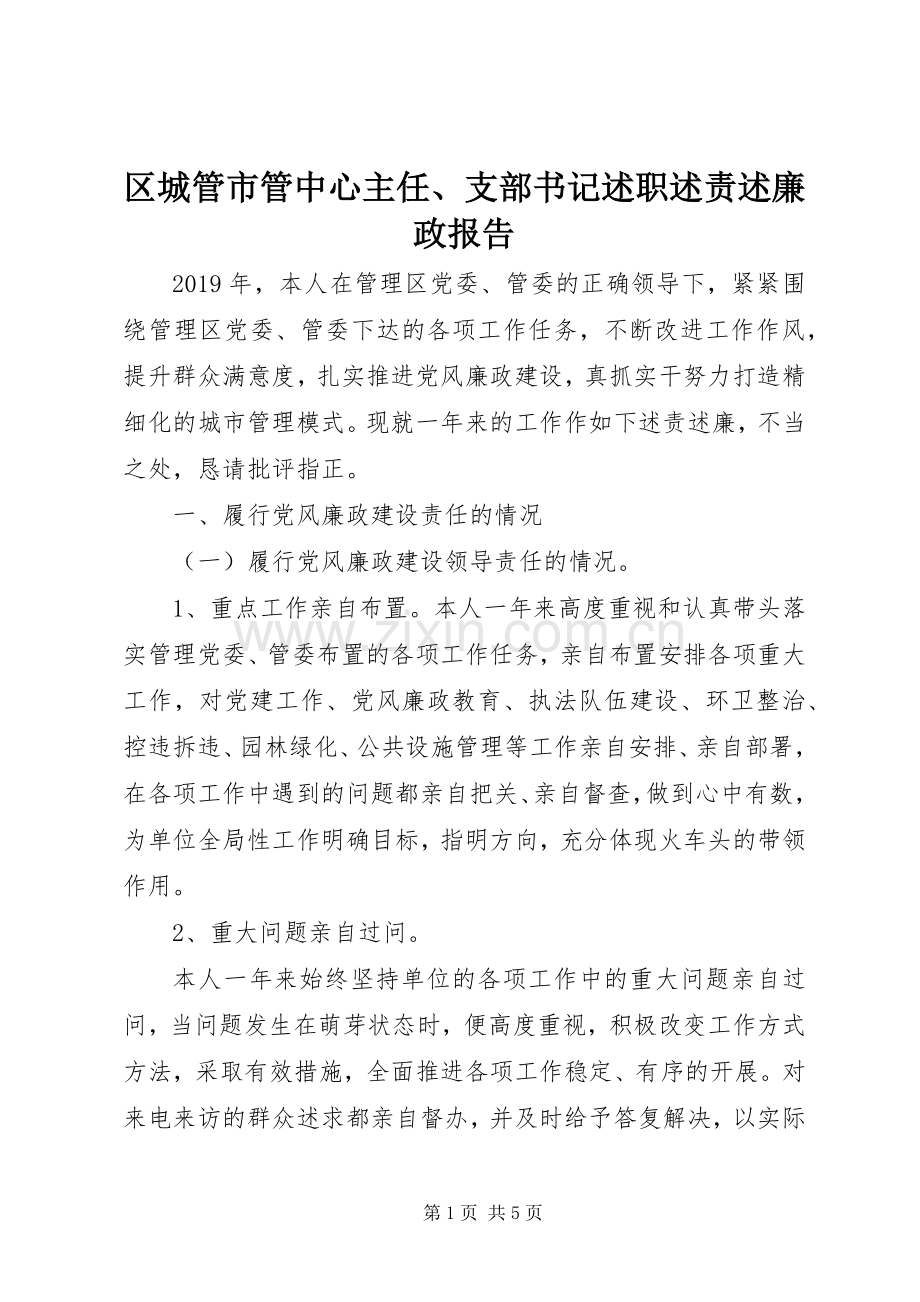 区城管市管中心主任、支部书记述职述责述廉政报告.docx_第1页