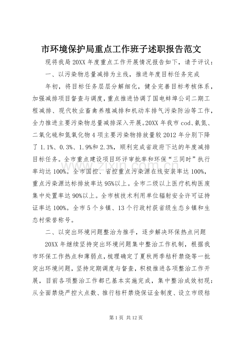 市环境保护局重点工作班子述职报告范文.docx_第1页