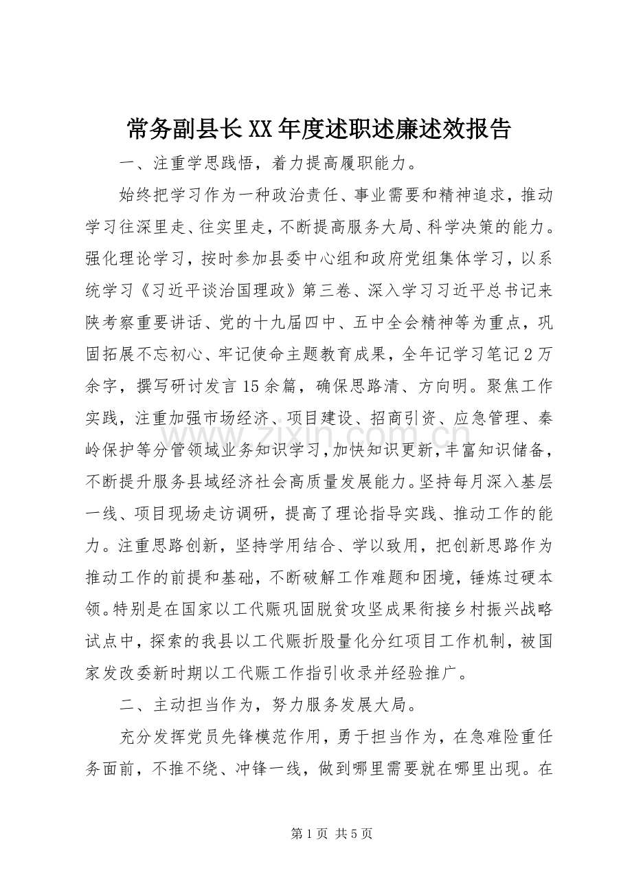 常务副县长XX年度述职述廉述效报告.docx_第1页