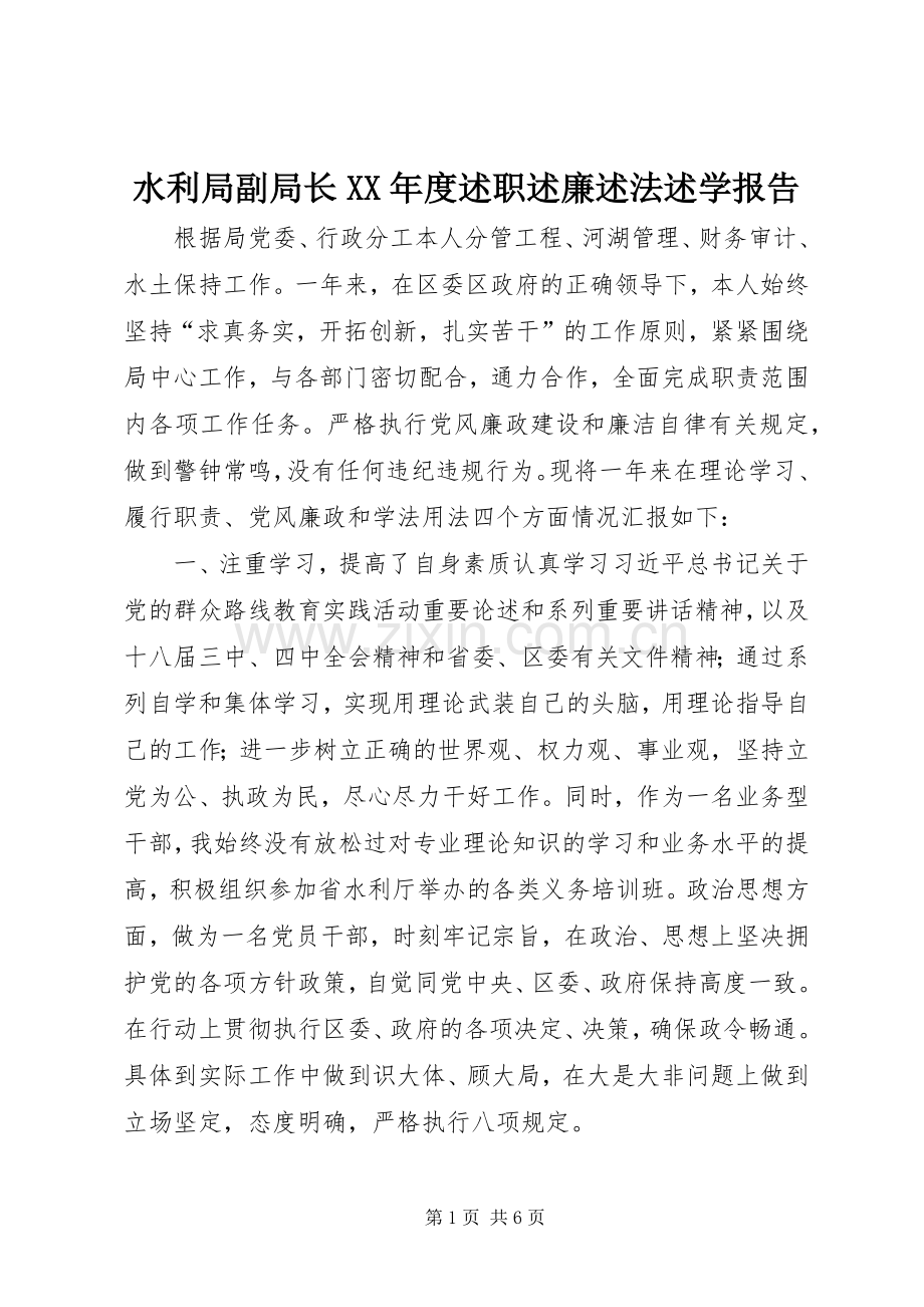 水利局副局长XX年度述职述廉述法述学报告.docx_第1页