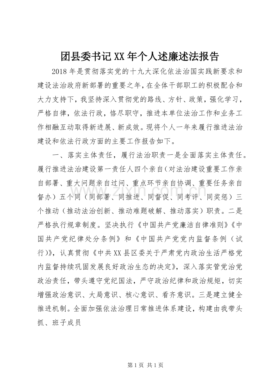 团县委书记XX年个人述廉述法报告.docx_第1页