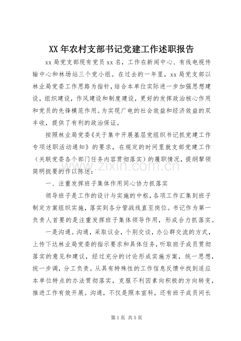 XX年农村支部书记党建工作述职报告.docx_第1页