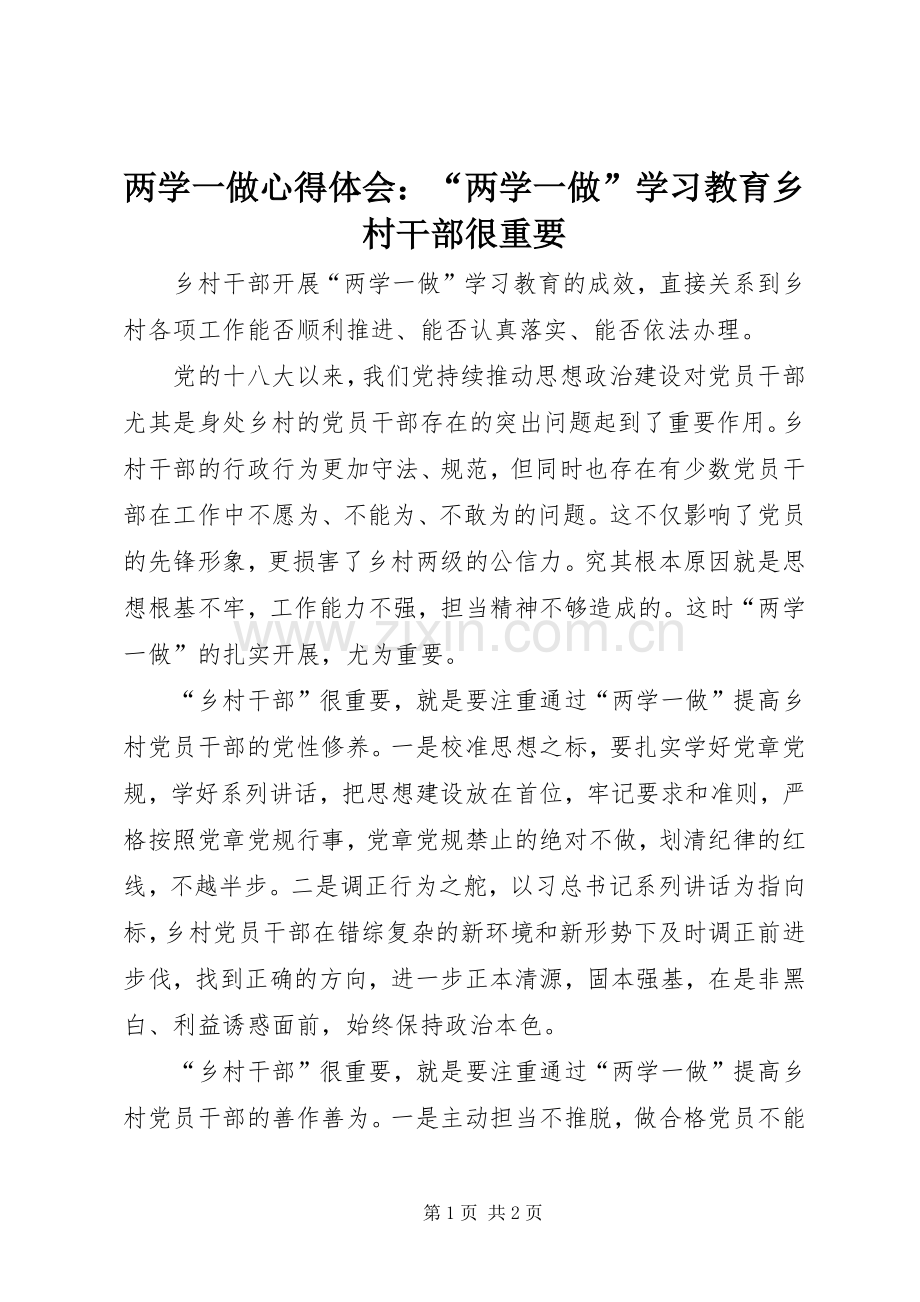 两学一做心得体会：“两学一做”学习教育乡村干部很重要.docx_第1页