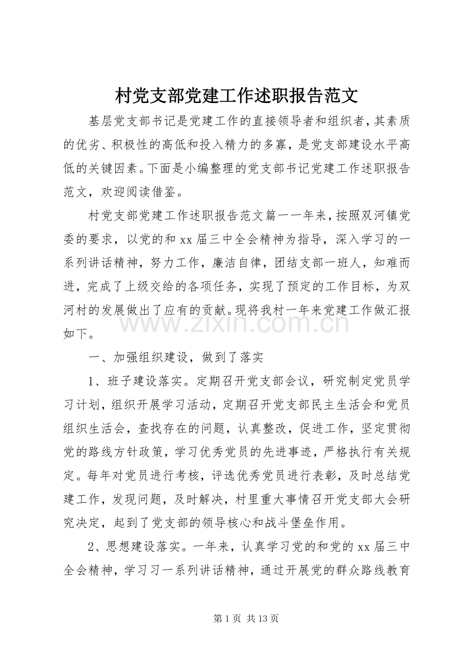 村党支部党建工作述职报告范文.docx_第1页