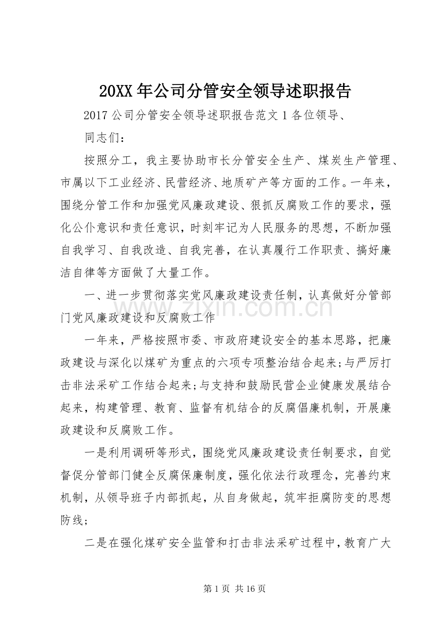 20XX年公司分管安全领导述职报告.docx_第1页